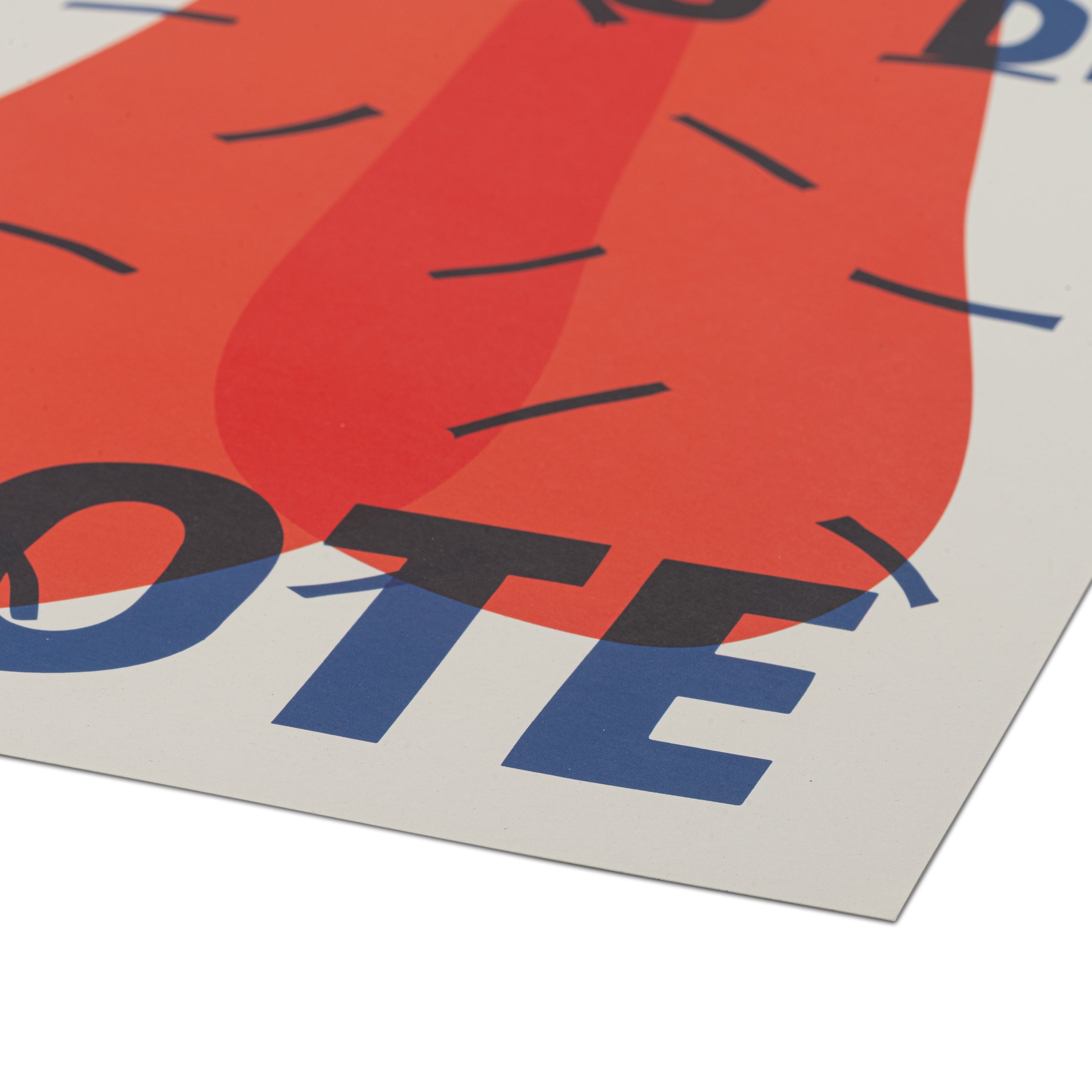 A close-up of a modern art print featuring bold graphic lettering in blue, black, and red on a white paper background, set against a white surface.