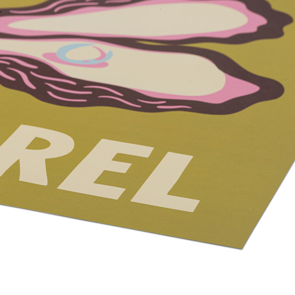 A close-up of an olive green poster with large white letters spelling 'PAREL', placed on a white surface.