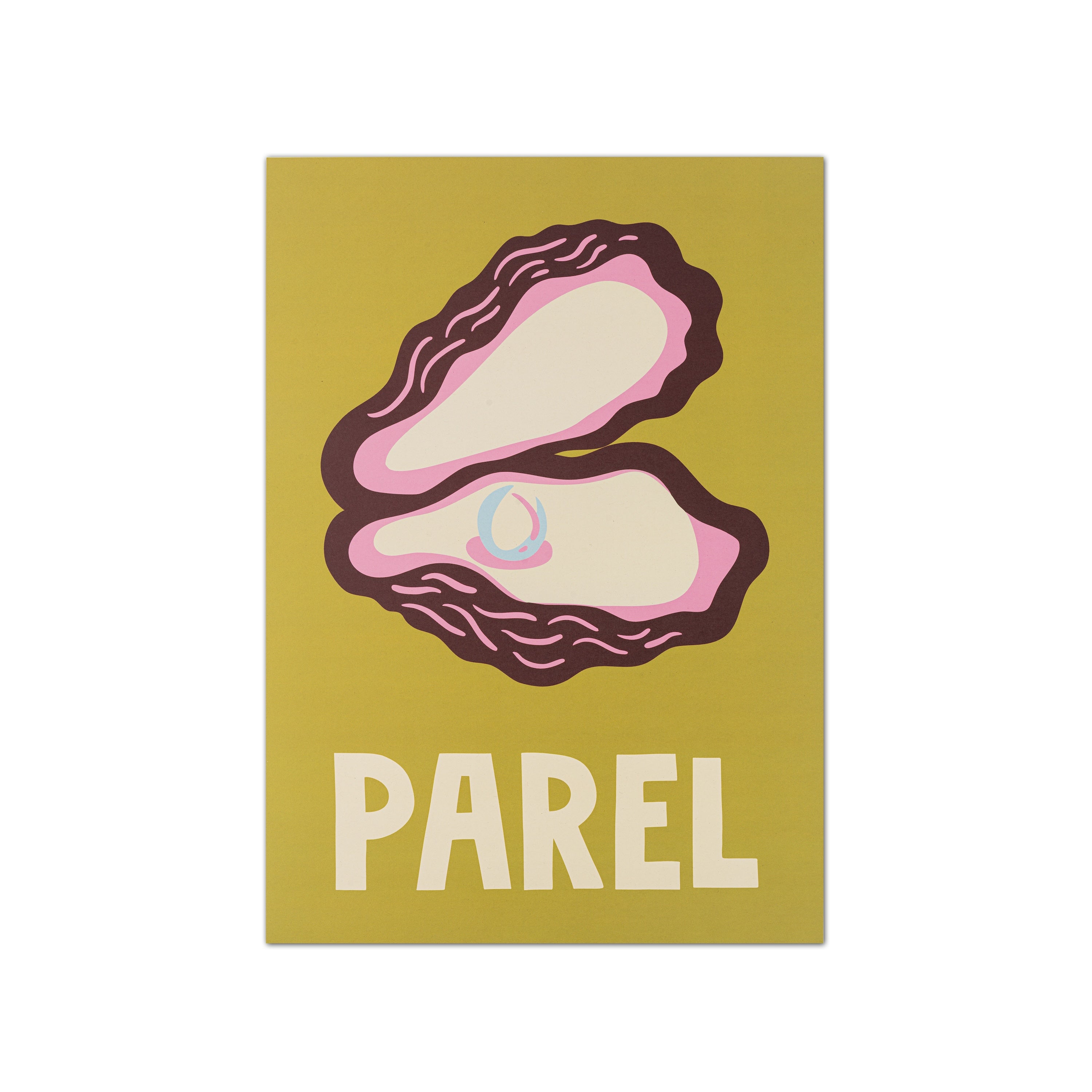 A graphic art print featuring an open clam illustration with a small pearl inside, set against an olive green background with the word 'PAREL' printed in bold white letters below.
