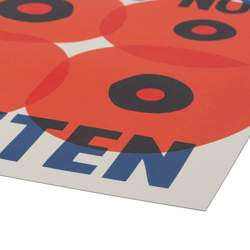 A close-up of a modern typographic art print featuring bold blue and dark gray lettering overlaid on a large orange-red circular shape, printed on white paper and photographed on a white surface.